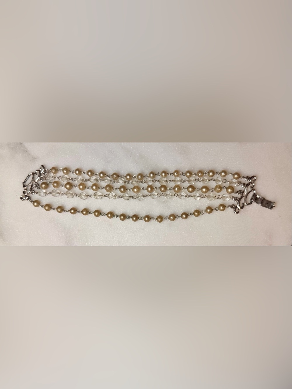 Vintage 1965 Kramer Multi-Strand Pearl and Silver Bracelet - 7.5”